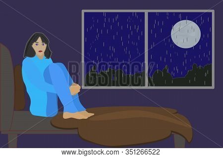 Insomnia. Woman Suffers From Insomnia In His Bed. Flat Concept With Sad Unhappy Young Woman Sitting 