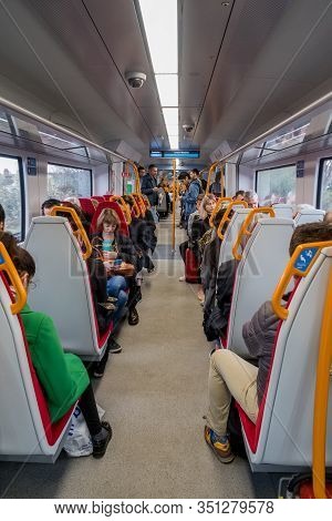 London, England - April 06 2018: Interior Of A New Desiro City Class 707 Train Travelling To Waterlo