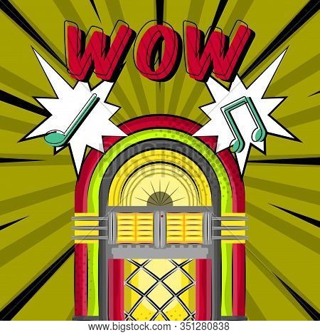 Neon Jukebox With A Comic Expression. Pop Art Illustration - Vector