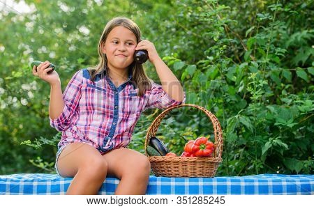 At Work. Kid On Summer Farm. Organic Food. Little Girl Vegetable In Basket. Only Natural. Healthy Fo