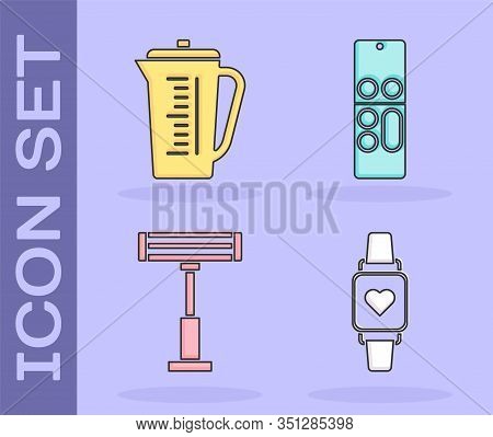 Set Smart Watch Showing Heart Beat Rate , Measuring Cup, Electric Heater And Remote Control Icon. Ve