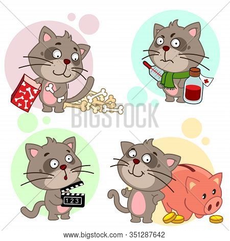 Collection Of Icons With Cats For Design. Cat Folds The Bones In A Box, The Cat Is Sick With A Therm