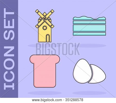 Set Chicken Egg , Windmill , Bread Toast And Brownie Chocolate Cake Icon. Vector
