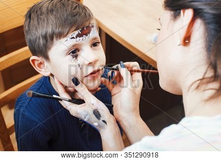 Little Cute Child Making Facepaint On Birthday Party, Zombie Apocalypse Facepainting, Halloween Prep