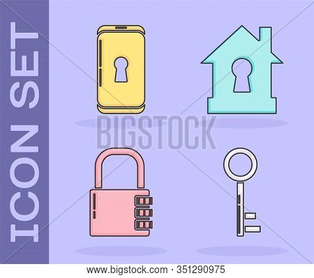 Set Key , Smartphone With Lock , Safe Combination Lock And House Under Protection Icon. Vector