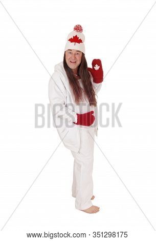 A Happy Indigenous Man Dressed In White With A Hat And Mittens
With The Canadian Mabel Leaf, Isolate