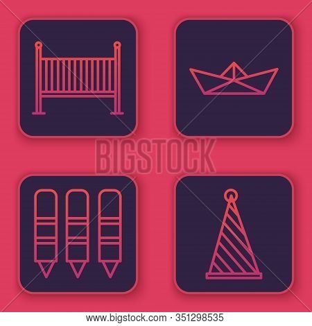 Set Line Baby Crib Cradle Bed, Wax Crayons For Drawing, Folded Paper Boat And Party Hat. Blue Square