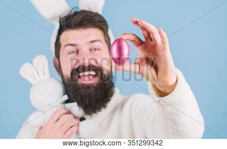Bearded Man Wear Silly Bunny Ears. Easter Symbol Concept. My Precious. Hipster Cute Bunny Long Ears 