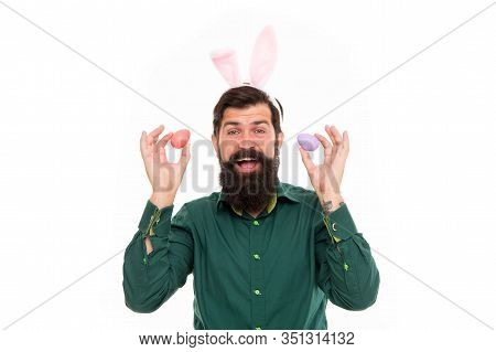 Celebration Of Feast Of Feasts. Bearded Man Hold Paschal Eggs. Happy Hipster Celebrate Pascha. Pasch