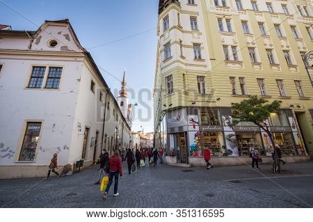 Brno, Czechia - November 5, 2019: People Rushing And Walking In A Pedestrian Street Of Brno, Orli Ul
