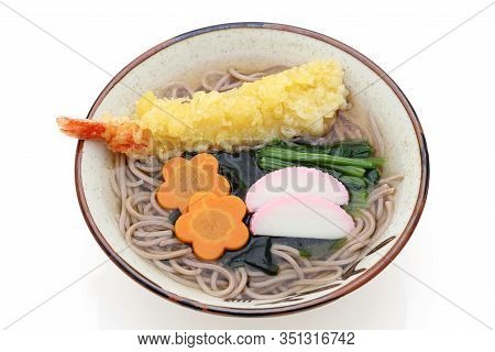 Japanese Tenpura Soba Noodles In A Bowl On White Background