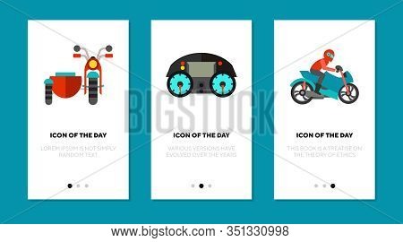Riding Motorcycle Flat Icon Set. Helmet, Racing, Freedom Isolated Vector Sign Pack. Transport And Sp