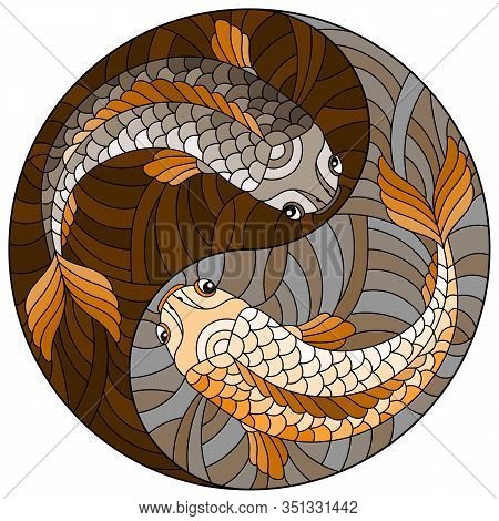 Illustration In Stained Glass Style With Two Fishes In The Form Of The Yin Yang Sign, Round Image, T