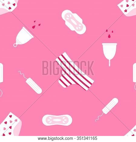 Female Hygiene Products, Tampons, Pantyliners And Menstrual Cups And Panties Vector Seamless Pattern