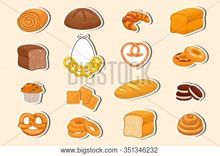 Collection Of Bakery Stickers On Light Background. Pastry Products - Bread, Cookies, Roll, Croissant