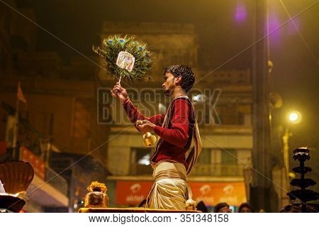 Varanasi, India - Dec 25, 2019: Ganga Aarti On The Dashashwamedh Ghat At Varanasi Uttar Pradesh Indi