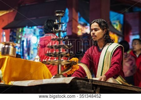 Varanasi, India - Dec 25, 2019: Ganga Aarti On The Dashashwamedh Ghat At Varanasi Uttar Pradesh Indi