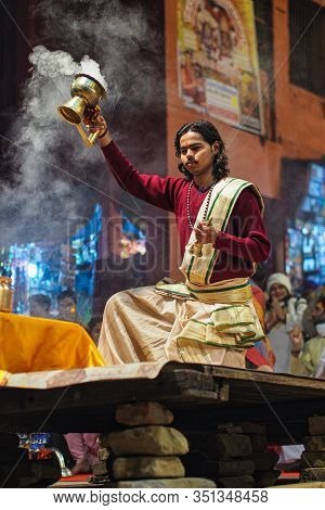 Varanasi, India - Dec 25, 2019: Ganga Aarti On The Dashashwamedh Ghat At Varanasi Uttar Pradesh Indi