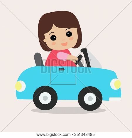Cartoon Girl Driving A Car Vector Illustration