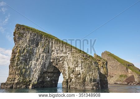 Faroe Islands Coastline Landscape In Vagar Island On Sunny Day
