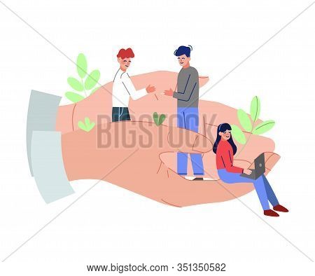Giant Hands Holding Tiny Business People, Office Emloyees Protection, Professional Growth, Personnel