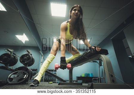 Attractive Sportswoman Lifting Pink Dumbbell Standing With Foothold On Bench In Gym Room. Sporty Gir