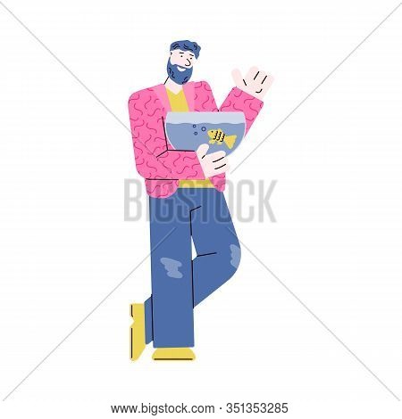 Cartoon Man Holding Fish In Tank - Happy Pet Owner Standing And Smiling