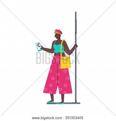 African American Woman With Phone In Subway Train Vector Illustration Isolated.
