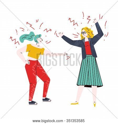Cartoon Girls In Conflict - Two Angry Enemies Shouting At Each Other