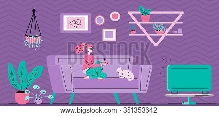 Woman Spending Leisure Time Watching Tv At Room Background, Vector Illustration.
