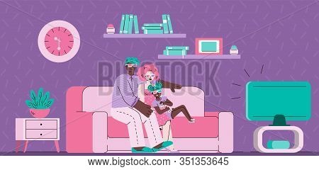 Loving Couple Watching Tv Sitting On Sofa In Room Interior Vector Illustration.