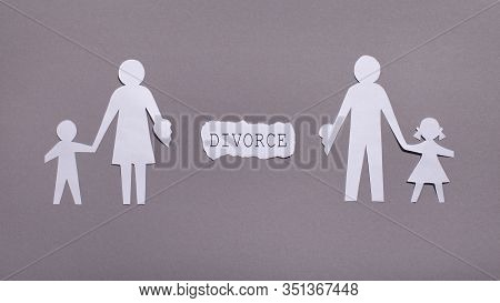 Complicated Relationship, Divorce Concept. Husband And Wife Planning Divorce And Holding Children On
