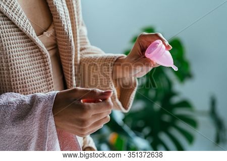Feminine Hygiene, Save Planet, Eco Friendly, Zero Waste, Reuse Concept. How To Use Menstrual Cup. Cl