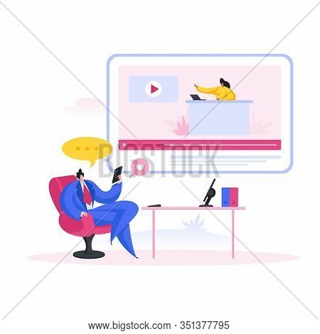 Businessman Watching Conference Video In Office. Flat Cartoon People Vector Illustration
