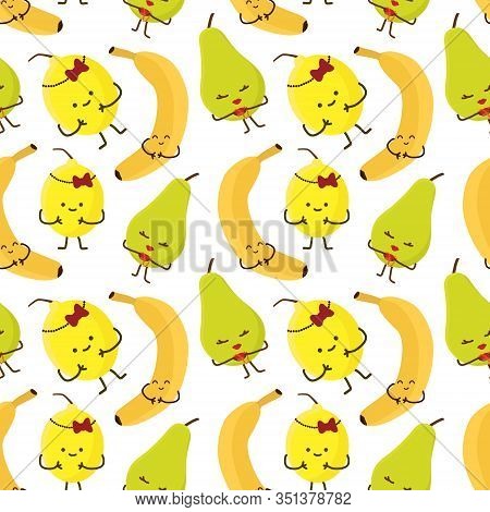 Kawaii Fruits And Vegetables Seamless Pattern With Face Expression On White Color Background. Yellow
