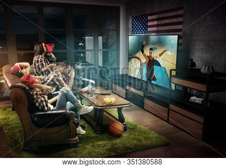Group Of Friends Watching Tv, Match, Championship, Sport Games. Emotional Men And Women Cheering For