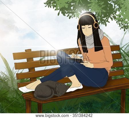 Illustration Teenager Sitting On The Bench With Sleeping Cat  And Listening To Music From Head Phone