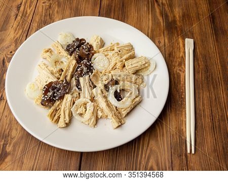 Spicy Chinese Or Korean Yuba Tofu Bamboo And Oyster Mushrooms On Wooden Background.