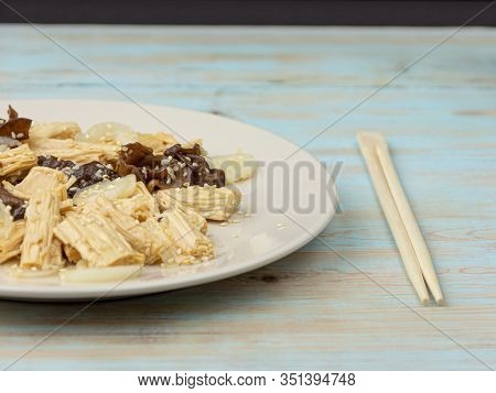 Spicy Chinese Or Korean Yuba Tofu Bamboo And Oyster Mushrooms On Wooden Background.
