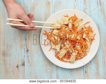 Spicy Chinese Or Korean Yuba Tofu Bamboo And Carrots Salad On Wooden Background