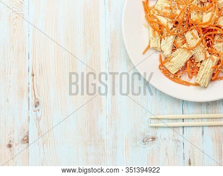 Spicy Chinese Or Korean Yuba Tofu Bamboo And Carrots Salad On Wooden Background