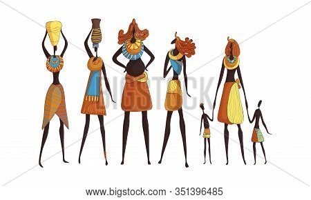 African Woman Wearing Tribal Clothing And Necklace Carrying Heavy Pottery Vessel And Holding Kids By