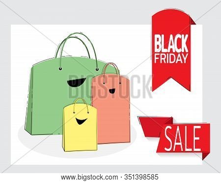 Big Sale. Black Friday Banner. Paper Bags Like A Happy Family. Purchase Of Goods At Sales. Template 