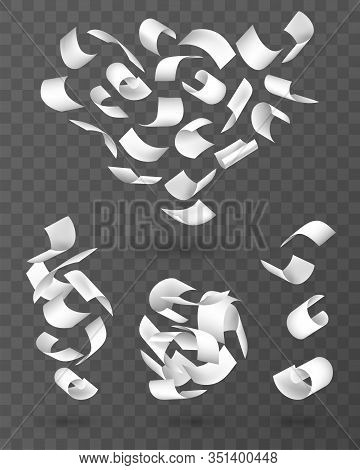 Fly Papers Set. Chaotic Falling And Flying Empty White Sheets Groups, Scattered Notes With Curved Pa