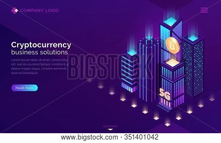 Cryptocurrency Business Solutions Isometric Landing Page. Huge Bitcoin Hanging Above Neon Glowing Sk