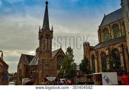 Goes, The Netherlands, August 2019. The Square Where We Find The Two Large Churches: Kerk Singelstra
