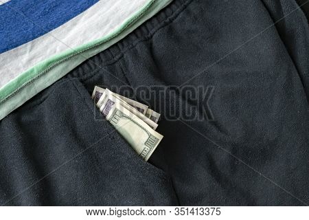 A Close Up Dollar Cash Money Corrency In The Pants, Income Earnings