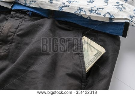 A Close Up Dollar Cash Money Corrency In The Pants, Income Earnings