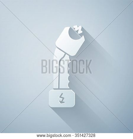 Paper Cut Police Electric Shocker Icon Isolated On Grey Background. Shocker For Protection. Taser Is