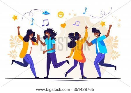 Vector Illustration, A Group Of People Dancing And Having Fun To The Music